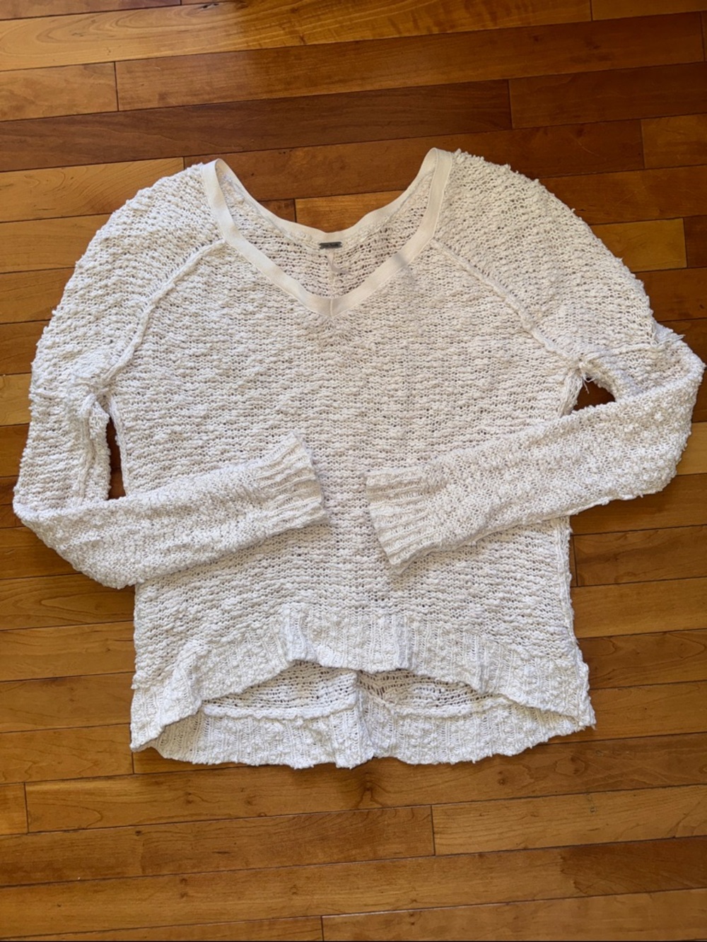Free People Cream Open-Knit V-Neck Sweater